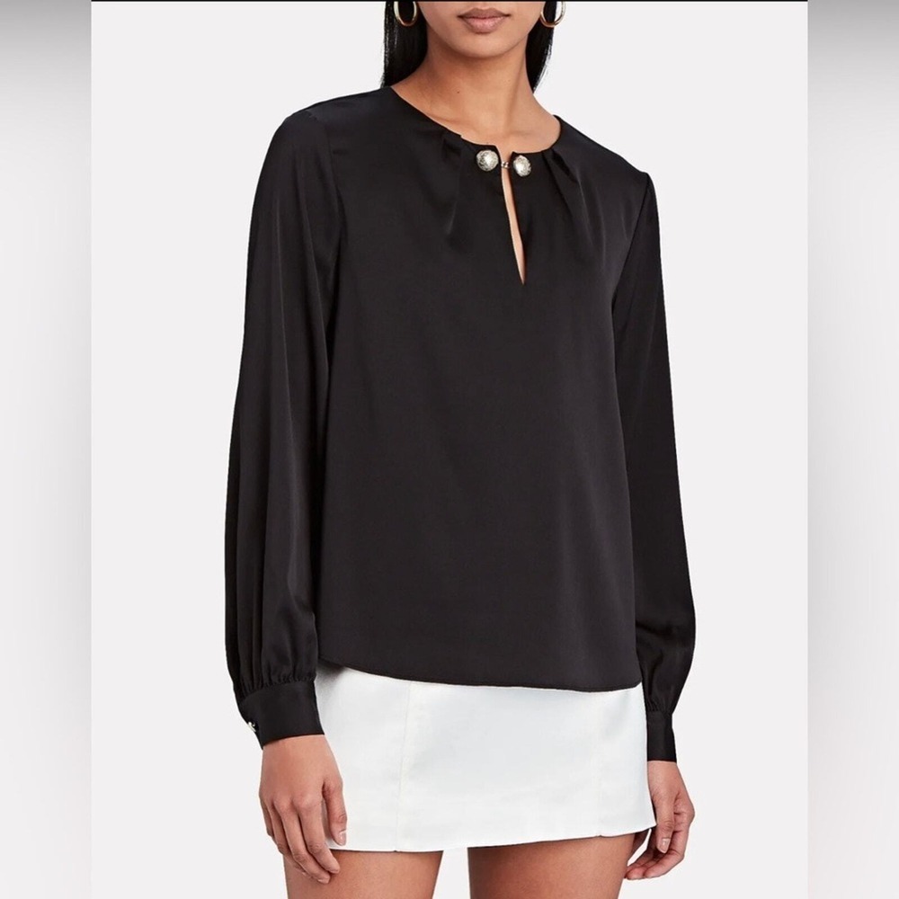 INTERMIX Gina Keyhole Blouse Silk Top Womens M Black Button Long Balloon Sleeve